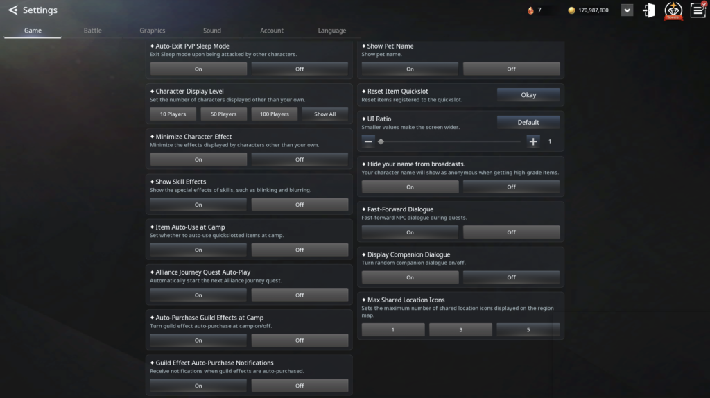 a screenshot of the in-game settings menu